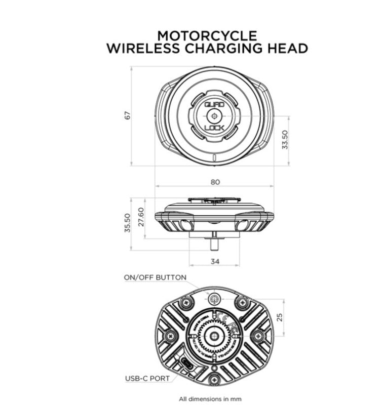 Capete de montaj Quad Lock® 12V-24V Waterproof Wireless Charging Head
