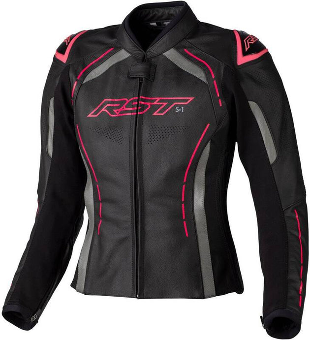RST Ladies S1 CE Leather Jacket - Black/Neon Pink Size L - Main