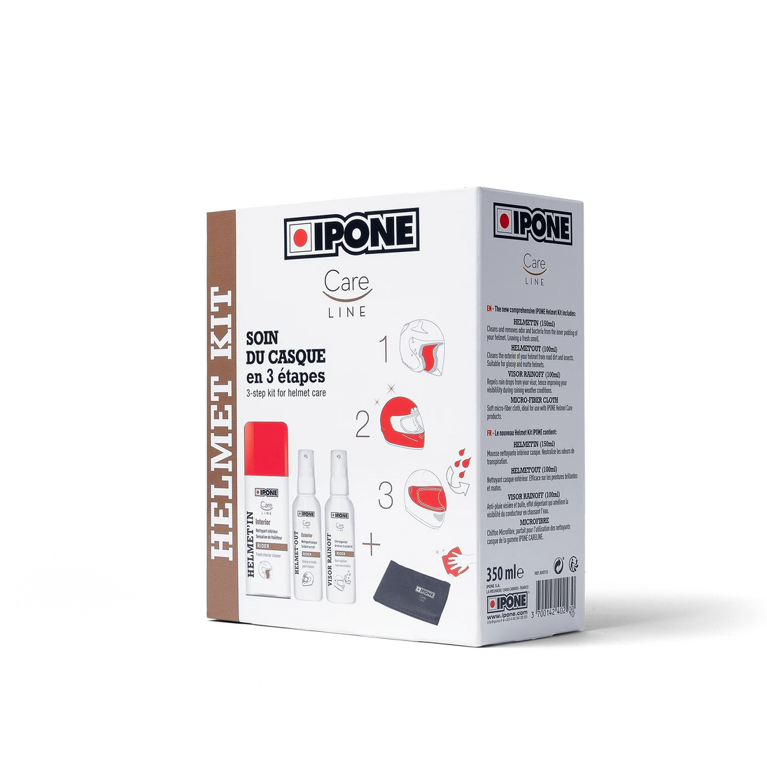 IPONE - KIT HELMET Care<br> Contine:<br> * 1 x HELMET'IN Cleaner - 150ml [800678]<br> * 1 x HELMET'OUT Cleaner - 100ml [800677]<br> * 1 x VISOR RAINOFF Repellent - 100ml [800676]<br> * 1 x Laveta Microfibra