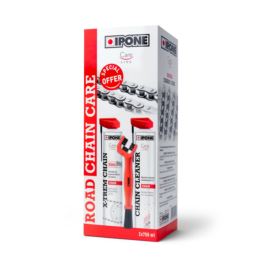 IPONE - KIT Spray lant ROAD X-TREM<br> Contine:<br> * 1 x Spray lant ROAD X-TREM - 750ml [CHAIN LUBE] [800642]<br> * 1 x Spray curatare lant - 750ml [CHAIN CLEAN] [800649]<br> * 1 x Perie lant