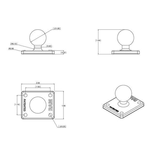 Adaptor cu bilă RAM® cu placă AMPS - dimensiune B