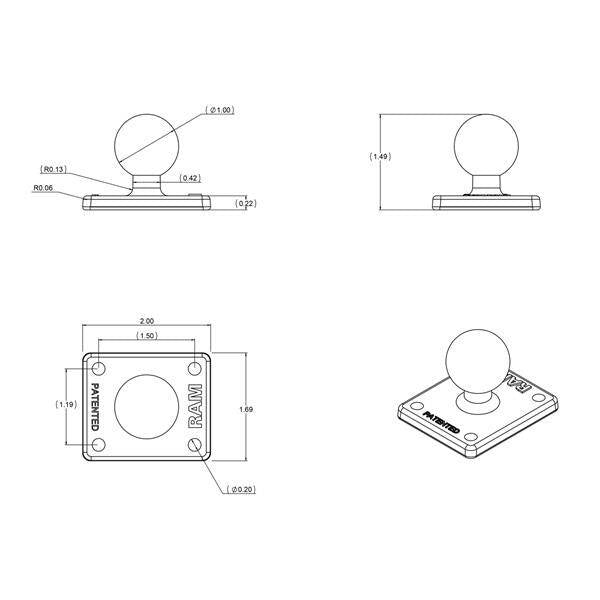 Adaptor cu bilă RAM® cu placă AMPS - dimensiune B