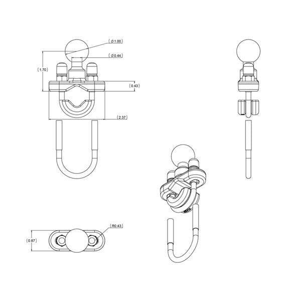 RAM® Baza cu șurub în U pentru ghidon pentru șine cu diametrul între 0,5" și 1,25" - Dimensiune B