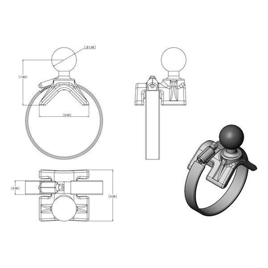 RAM® curea clemă pentru furtun Baza cu bilă 1" - 2.1"